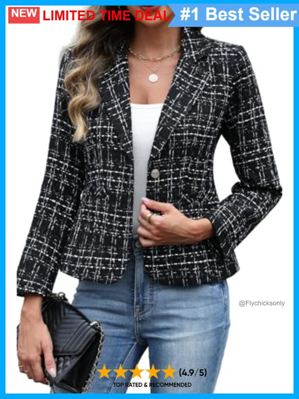 Women's Tweed Blazer Notched Lapel Two Button Business Casual